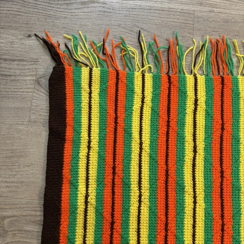 70s‎ Vtg Diamond Crochet Knitted Afghan Blanket Brown Orange Retro Handmade